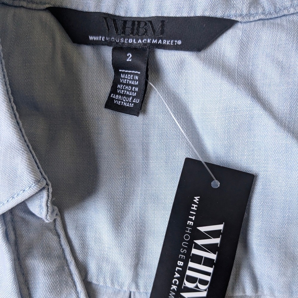 White House Black Market WHBM Blue Smocked Sleeve Denim Look Shirt Size 2 NEW - Picture 4 of 6